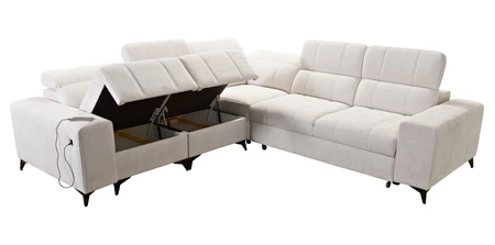 Narożnik z funkcją spania Penejos III ciemny beżowy lewostronny wygodny i komfortowy narożnik do salonu dwa pojemniki na pościel