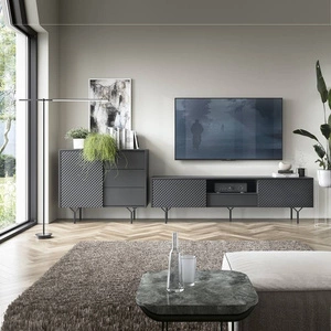 Meblościanka Adamant czarny grafit nowoczesny design system otwierania drzwi i szuflad push to open designerskie frezowane fronty