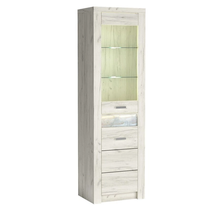 Witryna Indiana 56 cm kraft biały stylowa witryna do salonu elementy z bezpiecznego szkła ozdobna deska na froncie witryny oświetlona LED