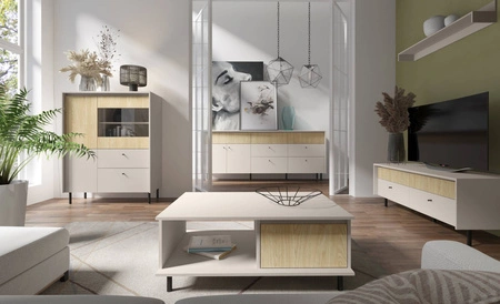 Stolik kawowy Cappo beż piaskowy / dąb olejowany minimalistyczny design stolik z szufladą osadzony na czarnych metalowych nogach