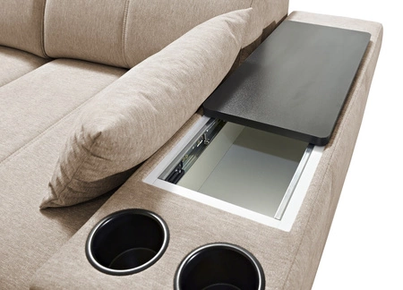 Narożnik z funkcją spania Tesalia niebieski lewostronny nowoczesny design komfortowe przesuwane oparcie szuflada w boczku mebla