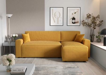 Narożnik z funkcją spania Brandon Bis miodowy prawostronny trójwymiarowa tkanina o wyrazistych prążkach pojemnik na pościel