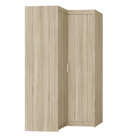 Szafa narożna Rene dąb sonoma jasny obrzeża wykończone ABS fronty szafy do sypialni o matowym wykończeniu srebrne uchwyty