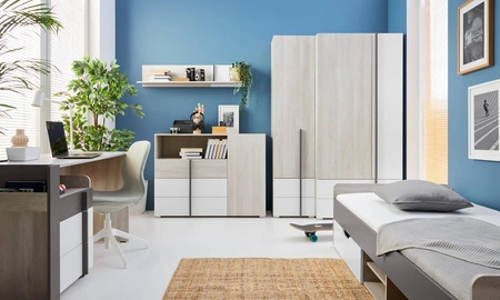 Biurko Remona 130 cm dąb wilton biały / biały / antracyt z szafką na kółkach stylowe oraz funkcjonalne do biura gabinetu lub pokoju młodzieżowego