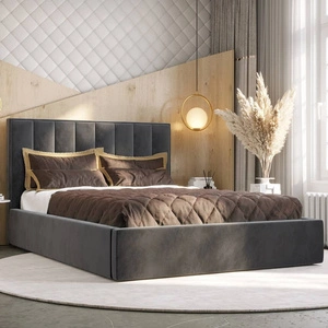 Łóżko tapicerowane Rinus 160x200 z pojemnikiem szary w nowoczesnym skandynawskim stylu z wygodnym zagłówkiem