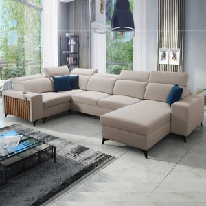 Narożnik z funkcją spania Kelly IV jasny beż prawostronny velvet komfortowy narożnik regulowane zagłówki bok wykończony lamelami