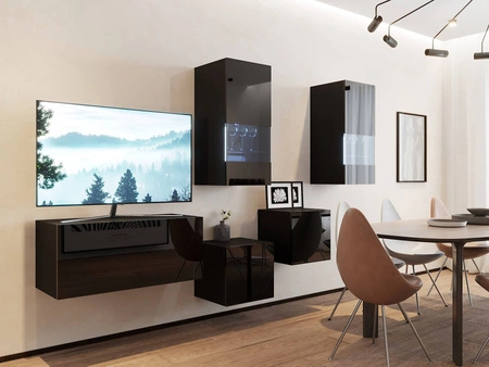 Meblościanka Termo czarna / czarny połysk modna i stylowa meblościanka do salonu z bezuchwytowym systemem otwierania drzwi push to open