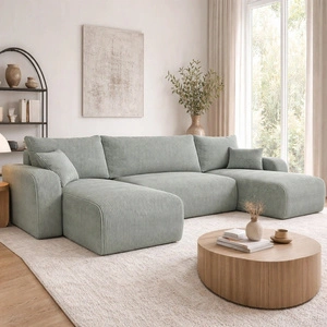 Narożnik z funkcją spania Fiesta U jasny szary stylowy narożnik o ciekawym kształcie wytrzymała sztruksowa tkanina pojemnik na pościel