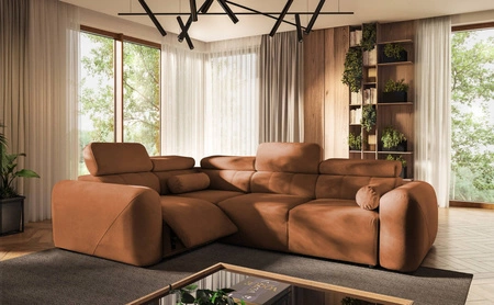 Narożnik z funkcją spania Cantare II Lux ceglasty lewostronny komfortowy narożnik do salonu z podnoszonym podnóżkiem miękka tkanina