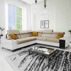 Narożnik z funkcją spania Alcamo III beżowy / biały lewostronny funkcjonalny narożnik z szufladą w boczku dwa pojemniki na pościel