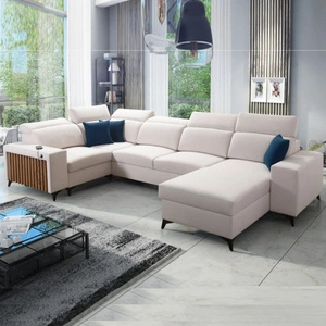 Narożnik z funkcją spania Kelly IV kość słoniowa prawostronny velvet komfortowy narożnik regulowane zagłówki bok wykończony lamelami