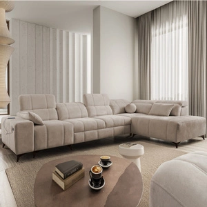 Narożnik z funkcją spania Penejos XI ciemny beżowy prawostronny narożnik z regulowanymi zagłówkami i dwoma pojemnikami na pościel