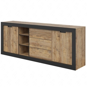 Komoda z szufladami Tudor 220 cm dąb samdal / czarny  z drzwiami przesuwnymi idealna do wnętrz w stylu industrialnym bezuchwytowy system push to open