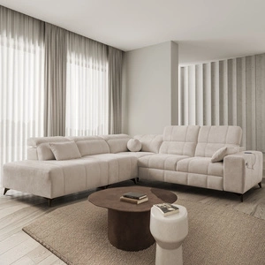 Narożnik z funkcją spania Penejos IX beżowy lewostronny stylowy narożnik z pojemnikami na pościel wygodne regulowane zagłówki