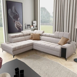 Narożnik z funkcją spania Bolmso VII beżowy lewostronny niezwykle elegancki narożnik do salonu z szufladą i pojemnikiem na pościel