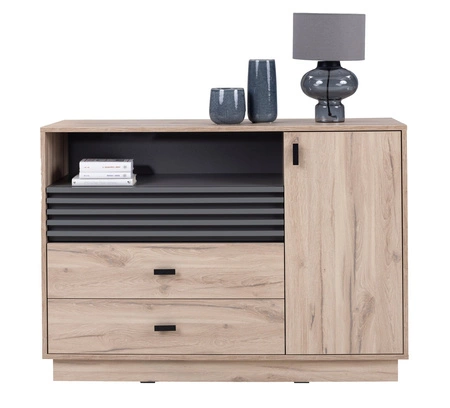 Komoda z szufladami Estan 120 cm dąb estana jasny / antracyt nowoczesny design mebla wysoka jakość wykonania obrzeża komody wykończone specjalną okleiną