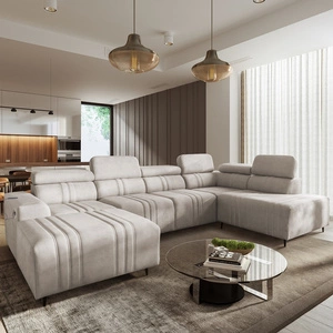 Narożnik z funkcją spania Castel VI beżowy lewostronny wygodny i elegancki narożnik z dwoma pojemnikami na pościel