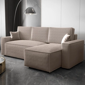 Narożnik z funkcją spania Nelo beżowy prawostronny praktyczny i nowoczesny narożnik pokryty sztruksową tkaniną pojemnik na pościel