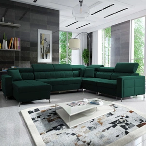 Narożnik z funkcją spania Nausa VII butelkowa zieleń lewostronny elegancki narożnik do salonu wykonany z miękkiej tkaniny typu velvet