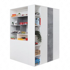 Szafa narożna Epsilon biała / beton idealna jako garderoba użytkowa i pojemna z szufladami i półkami