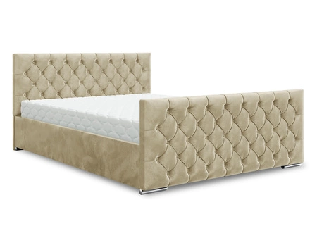 Łóżko tapicerowane Viamao 180x200 beżowe z pojemnikiem w nowoczesnym skandynawskim stylu z pikowanym wezgłowiem oraz zanóżkiem