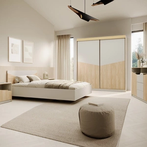 Zestaw mebli do sypialni Atson szarobeżowy / dąb olejowany nowoczesny design komplet mebli do sypialni oryginalny kształt frontów mebli