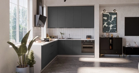 Zestaw mebli kuchennych narożny Aversa Wh 290x230 cm stylowe szafki kuchenne z frontami wykonanymi w technologii anti fingerprint