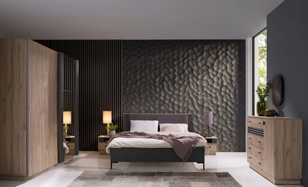 Szafa przesuwna z lustrem Estan 215 cm dąb estana jasny / antracyt nowoczesny design mebla drzwi szafy ozdobione lamelami