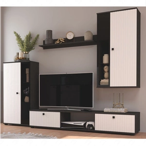 Meblościanka Senja matera / biała nowoczesny design ozdobne ryflowane fronty z metalowymi uchwytami