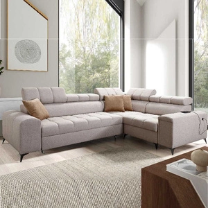 Narożnik z funkcją spania Bolmso II beżowy prawostronny narożnik z pojemnikiem na pościel szuflada z pełnym wysuwem w boczku mebla