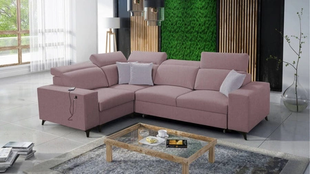 Narożnik z funkcją spania Kelly Sleek II lawendowy róż lewostronny elegancki narożnik do salonu wykonany z plecionej tkaniny