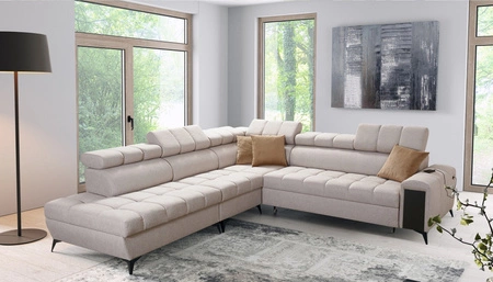 Narożnik z funkcją spania Bolmso IX beżowy lewostronny komfortowy narożnik do salonu z szufladą pojemniki na pościel stylowy design