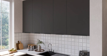 Zestaw mebli kuchennych narożny Alatri Wh 290x230 cm stylowe szafki kuchenne z frontami wykonanymi w technologii anti fingerprint