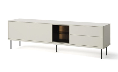 Szafka RTV Epiro 194 cm beżowy / dąb ciemny elegancki design szafki z przeszklonym frontem osadzona na metalowych wysokich nogach