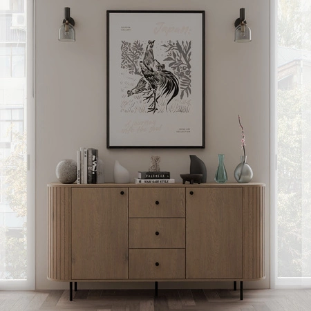 Komoda z szufladami Ovalio 165 cm dąb cremona nowoczesna forma komoda do salonu o owalnym kształcie ozdobne frezowania na korpusie