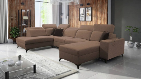Narożnik z funkcją spania Kelly Sleek VI jasny brąz prawostronny nowoczesny design narożnik do salonu z regulowanymi zagłówkami