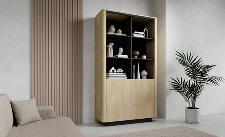 Regał Torro 113 cm dąb cremona / czarny nowoczesny design podkreślony modną kolorystyką regał z drzwiami w stylu japandi