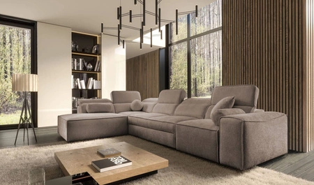 Narożnik z funkcją spania Viano XI jasny brąz lewostronny modny i stylowy narożnik z regulowanymi zagłówkami ozdobne poduszki