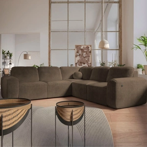 Narożnik z funkcją spania Arbon III brązowy prawostronny wyjątkowo stylowy narożnik z pojemnikiem na pościel unikalny obły kształt