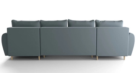 Narożnik z funkcją spania Rovigo U szary błękit elegancki i komfortowy narożnik w skandynawskiej formie duży pojemnik na pościel