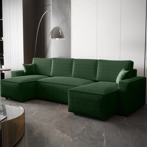 Narożnik z funkcją spania Nelo U zielony komfortowy i nowoczesny narożnik z pojemnikiem na pościel sztruksowa prążkowana tkanina