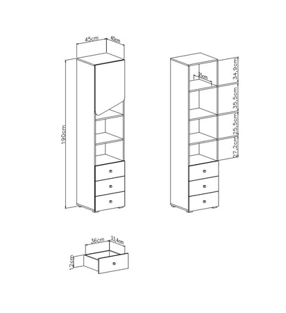 Regał z szufladami Dzeta 45 cm dąb / antracyt idealny do pokoju młodzieżowego pojemny i użytkowy regał nowoczesny design