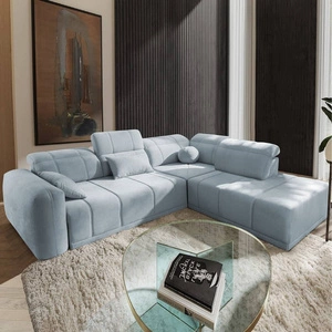 Narożnik z funkcją spania Cetara VII błękitny prawostronny wysokiej jakości narożnik do salonu z komfortowym przesuwanym oparciem