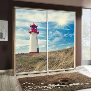 Szafa przesuwna Artistino 205 cm z grafiką latarnia korpus szafy w kolorze dąb catania wykonany z płyty o grubości 22mm