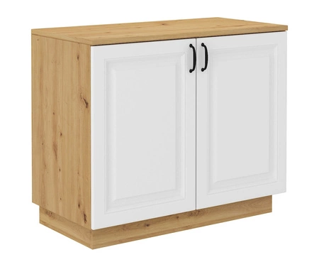 Kredens Scandi 100 cm dąb artisan / biały klasyczny design bezpieczne szkło hartowane stylowe frezowane fronty metalowe uchwyty