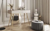 Konsola Luxury beżowa z szufladami stylowa i elegancka toaletka wsparta na wysokich nogach korpus zwieńczony złotą listwą