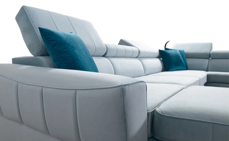 Narożnik z funkcją spania Rava VI lazurowy lewostronny praktyczny i nowoczesny narożnik wyposażony w wielofunkcyjną lampkę