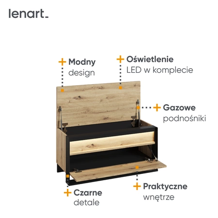 Szafka na buty Quant 92 cm dąb artisan / czarny szafka z tapicerowanym siedziskiem funkcjonalny dodatek do przedpokoju oświetlenie LED