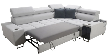 Narożnik z funkcją spania Dafni II grafitowo biały prawostronny pleciony narożnik z pojemnikiem na pościel szuflada z pełnym wysuwem