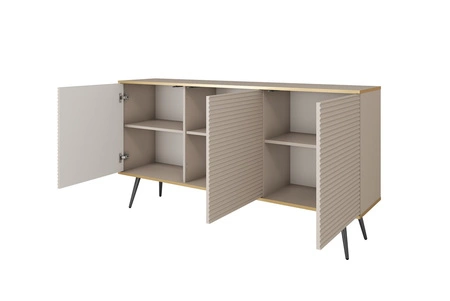 Komoda Luxury 160 cm beżowa elegancki design stylowe ryflowane fronty korpus komody zwieńczony złotą listwą czarne metalowe nogi